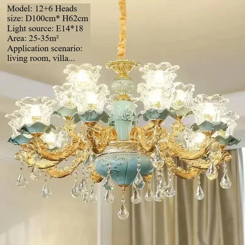 Chandelier Luxury Crystal Blue Ceramic For Living Room Ceiling Lamp Villa Bedroom Dining Room Indoor Home Decor Lighting Fixture