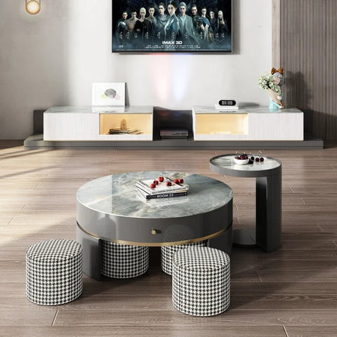 Modern Design Living Room Furniture With Turntable Wooden Drawer Storage Luxury Marble TV Stand
