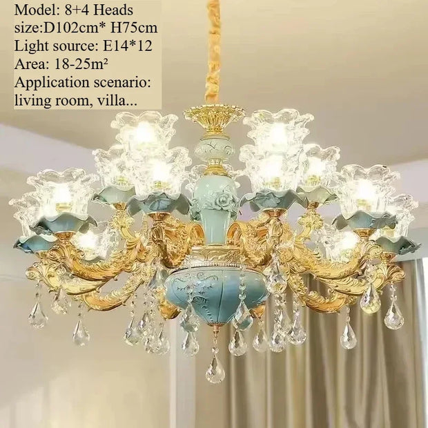 Chandelier Luxury Crystal Blue Ceramic For Living Room Ceiling Lamp Villa Bedroom Dining Room Indoor Home Decor Lighting Fixture