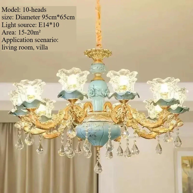 Chandelier Luxury Crystal Blue Ceramic For Living Room Ceiling Lamp Villa Bedroom Dining Room Indoor Home Decor Lighting Fixture