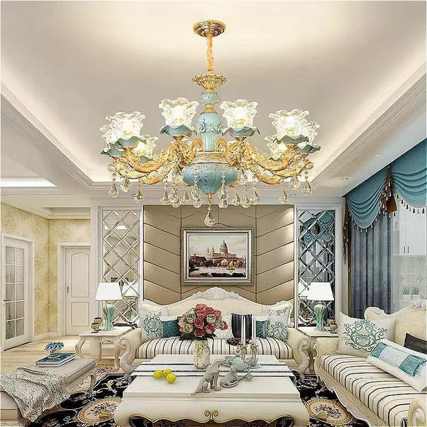 Chandelier Luxury Crystal Blue Ceramic For Living Room