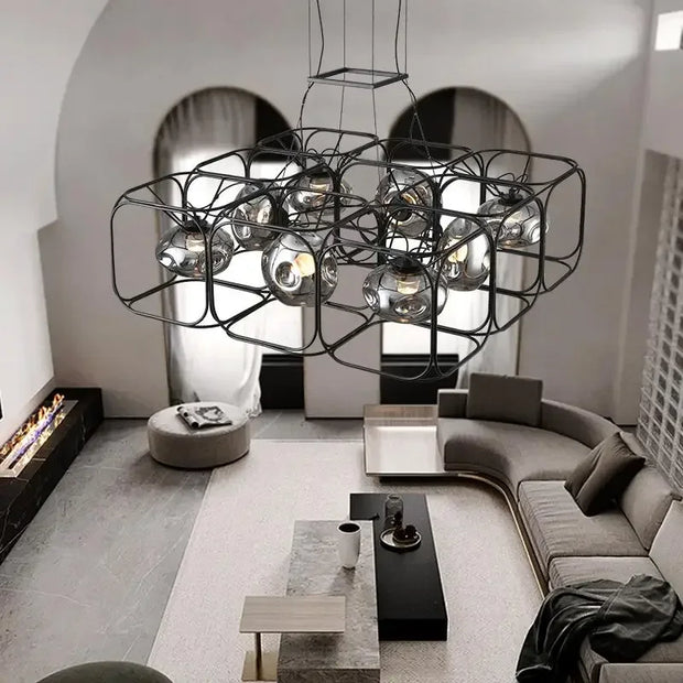 Industrial Vintage Chandelier Creative Geometric Metal Chandelier Bar Restaurant Living Room Decor LED Rectangle Hanging Lamp