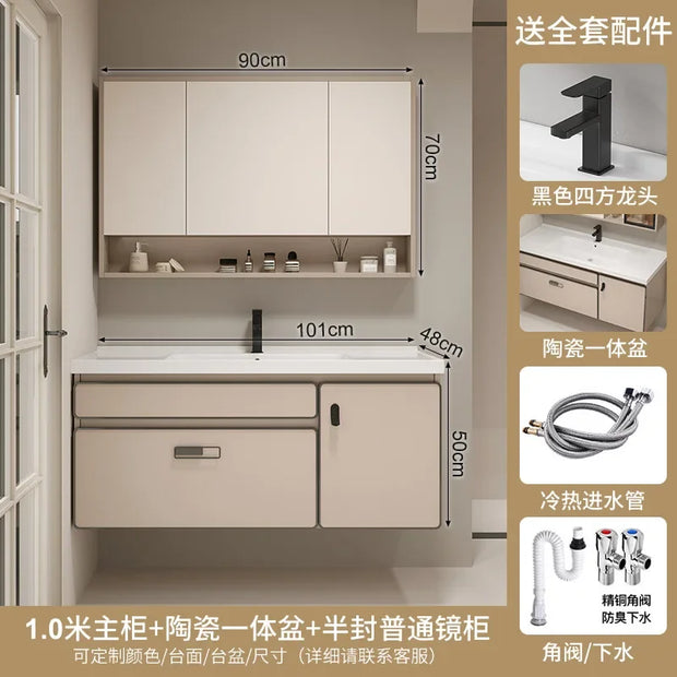 Aesthetic Luxury Solid Wood Bathroom Cabinets Ceramic Integrated Washbasin Bathroom Vanity Ergonomic Vestidores Home Furniture