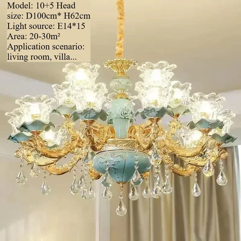 Chandelier Luxury Crystal Blue Ceramic For Living Room