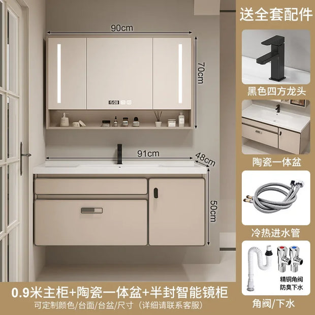 Aesthetic Luxury Solid Wood Bathroom Cabinets Ceramic Integrated Washbasin Bathroom Vanity Ergonomic Vestidores Home Furniture