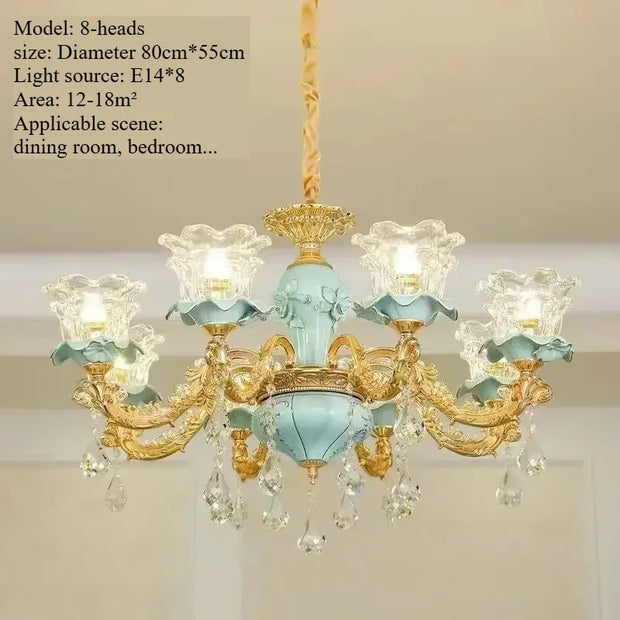 Chandelier Luxury Crystal Blue Ceramic For Living Room Ceiling Lamp Villa Bedroom Dining Room Indoor Home Decor Lighting Fixture