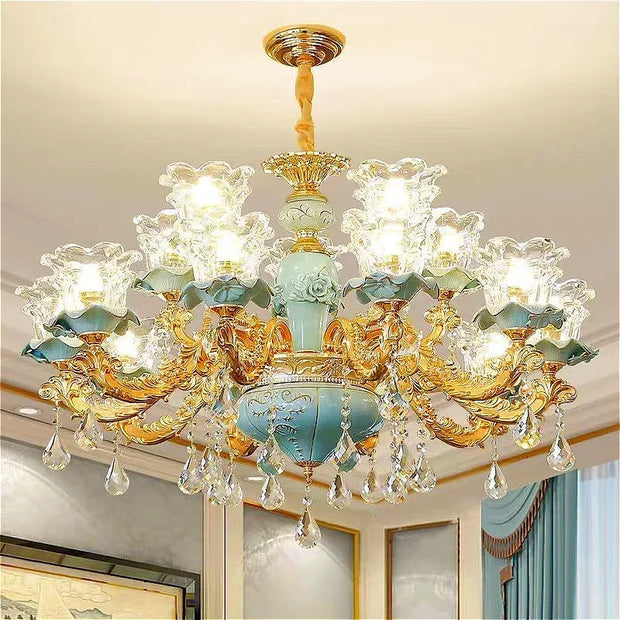 Chandelier Luxury Crystal Blue Ceramic For Living Room Ceiling Lamp Villa Bedroom Dining Room Indoor Home Decor Lighting Fixture