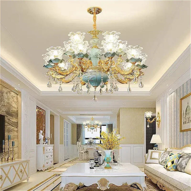 Chandelier Luxury Crystal Blue Ceramic For Living Room